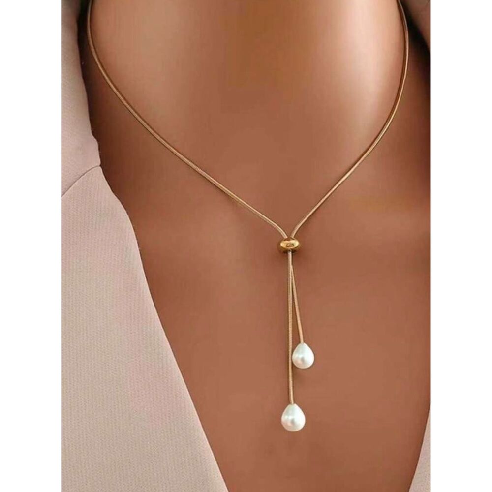 Gold Pearl Drop Lariat Necklace - Elegant Women Jewelry R 474